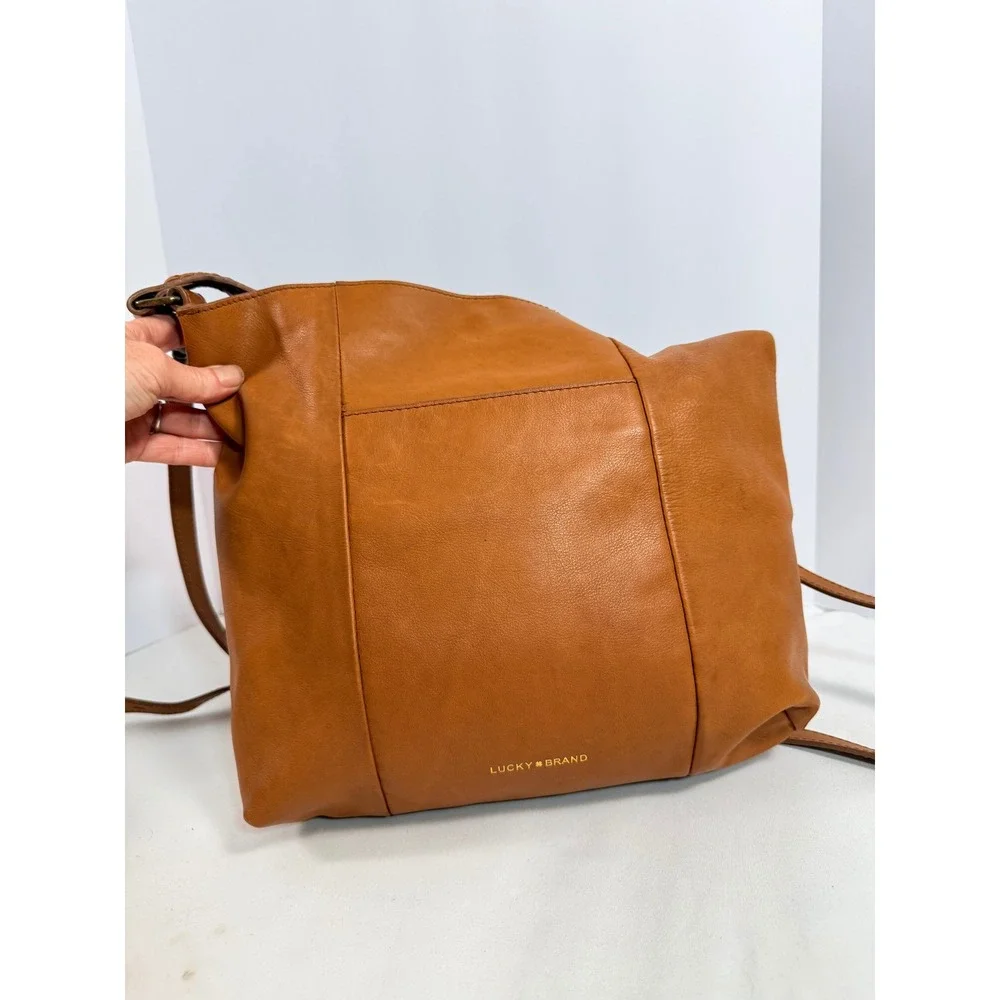 Lucky Brand Tan Leather Convertible Shoulder Bag Whipstitch Tassel Cognac